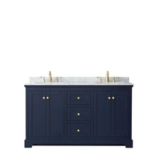 Load image into Gallery viewer, Wyndham Avery 60 Inch Double Bathroom Vanity in Dark Blue, White Carrara Marble Countertop, Undermount Oval Sinks, and No Mirror- Wyndham