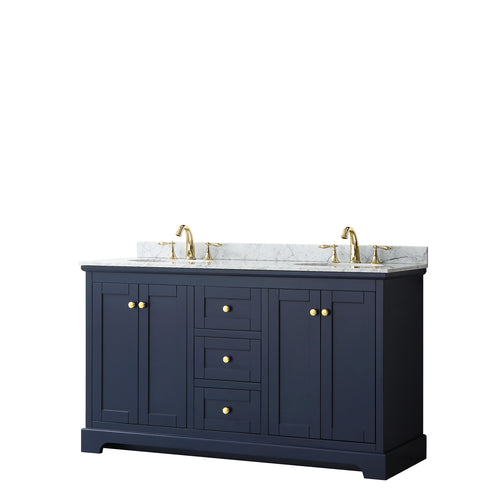 Wyndham Avery 60 Inch Double Bathroom Vanity in Dark Blue, White Carrara Marble Countertop, Undermount Oval Sinks, and No Mirror- Wyndham