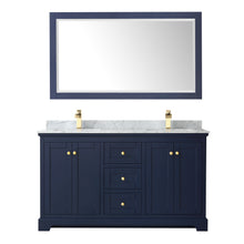 Load image into Gallery viewer, Wyndham Avery 60 Inch Double Bathroom Vanity in Dark Blue, White Carrara Marble Countertop, Undermount Square Sinks, and 58 Inch Mirror- Wyndham