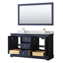 Load image into Gallery viewer, Wyndham Avery 60 Inch Double Bathroom Vanity in Dark Blue, White Carrara Marble Countertop, Undermount Square Sinks, and 58 Inch Mirror- Wyndham