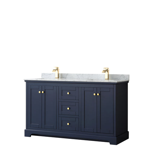 Wyndham Avery 60 Inch Double Bathroom Vanity in Dark Blue, White Carrara Marble Countertop, Undermount Square Sinks, and No Mirror- Wyndham