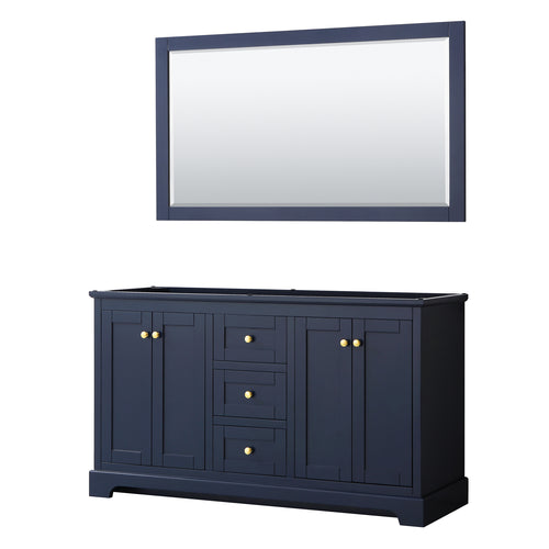 Wyndham Avery 60 Inch Double Bathroom Vanity in Dark Blue, No Countertop, No Sinks, and 58 Inch Mirror- Wyndham