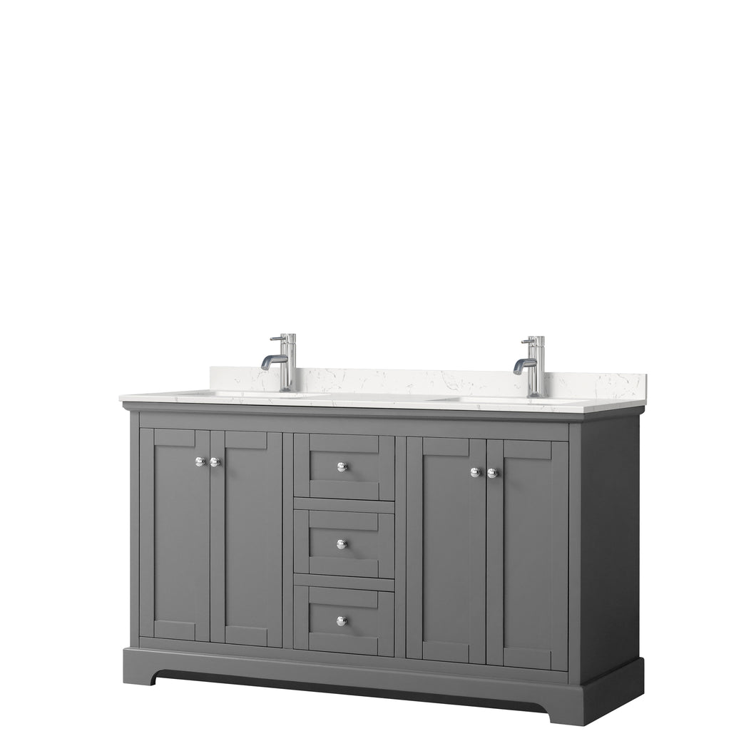 Wyndham Avery 60 Inch Double Bathroom Vanity in Dark Gray, Light-Vein Carrara Cultured Marble Countertop, Undermount Square Sinks, No Mirror- Wyndham