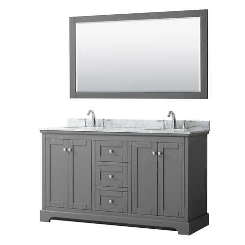 Wyndham Avery 60 Inch Double Bathroom Vanity in Dark Gray, White Carrara Marble Countertop, Undermount Oval Sinks, and 58 Inch Mirror- Wyndham