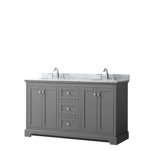 Wyndham Avery 60 Inch Double Bathroom Vanity in Dark Gray, White Carrara Marble Countertop, Undermount Oval Sinks, and No Mirror- Wyndham