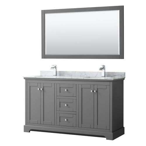 Wyndham Avery 60 Inch Double Bathroom Vanity in Dark Gray, White Carrara Marble Countertop, Undermount Square Sinks, and 58 Inch Mirror- Wyndham
