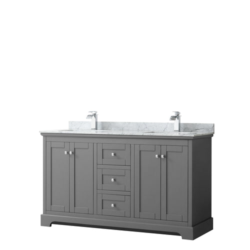 Wyndham Avery 60 Inch Double Bathroom Vanity in Dark Gray, White Carrara Marble Countertop, Undermount Square Sinks, and No Mirror- Wyndham