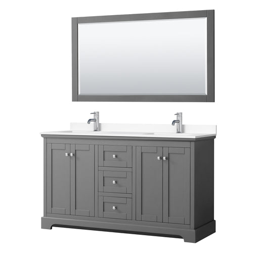 Wyndham Avery 60 Inch Double Bathroom Vanity in Dark Gray, White Cultured Marble Countertop, Undermount Square Sinks, 58 Inch Mirror- Wyndham