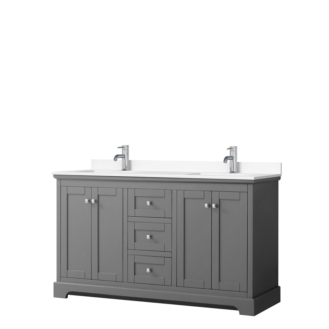 Wyndham Avery 60 Inch Double Bathroom Vanity in Dark Gray, White Cultured Marble Countertop, Undermount Square Sinks, No Mirror- Wyndham