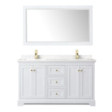 Load image into Gallery viewer, Wyndham Avery 60 Inch Double Bathroom Vanity in White, Light-Vein Carrara Cultured Marble Countertop, Undermount Square Sinks, 58 Inch Mirror, Brushed Gold Trim- Wyndham