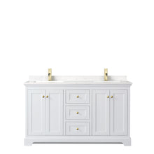 Load image into Gallery viewer, Wyndham Avery 60 Inch Double Bathroom Vanity in White, Light-Vein Carrara Cultured Marble Countertop, Undermount Square Sinks, Brushed Gold Trim- Wyndham