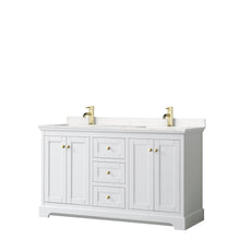 Load image into Gallery viewer, Wyndham Avery 60 Inch Double Bathroom Vanity in White, Light-Vein Carrara Cultured Marble Countertop, Undermount Square Sinks, Brushed Gold Trim- Wyndham