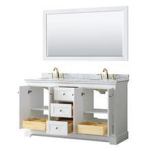 Load image into Gallery viewer, Wyndham Avery 60 Inch Double Bathroom Vanity in White, White Carrara Marble Countertop, Undermount Oval Sinks, 58 Inch Mirror, Brushed Gold Trim- Wyndham