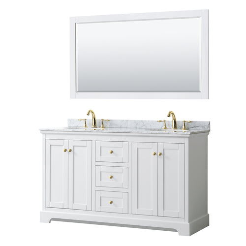Wyndham Avery 60 Inch Double Bathroom Vanity in White, White Carrara Marble Countertop, Undermount Oval Sinks, 58 Inch Mirror, Brushed Gold Trim- Wyndham