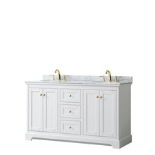 Load image into Gallery viewer, Wyndham Avery 60 Inch Double Bathroom Vanity in White, White Carrara Marble Countertop, Undermount Oval Sinks, Brushed Gold Trim- Wyndham