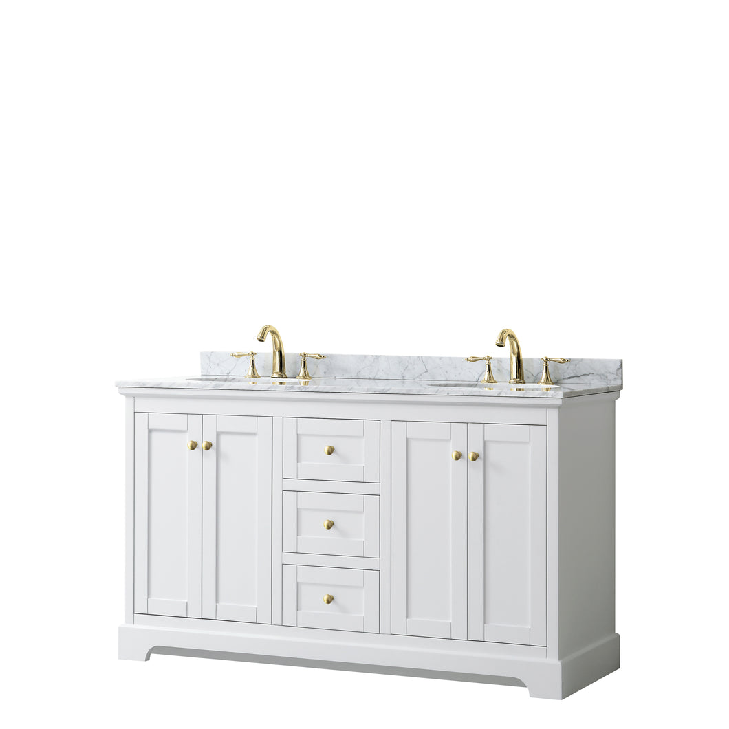 Wyndham Avery 60 Inch Double Bathroom Vanity in White, White Carrara Marble Countertop, Undermount Oval Sinks, Brushed Gold Trim- Wyndham