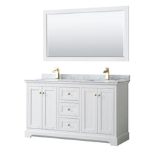 Load image into Gallery viewer, Wyndham Avery 60 Inch Double Bathroom Vanity in White, White Carrara Marble Countertop, Undermount Square Sinks, 58 Inch Mirror, Brushed Gold Trim- Wyndham
