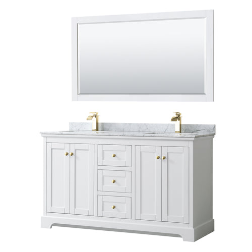 Wyndham Avery 60 Inch Double Bathroom Vanity in White, White Carrara Marble Countertop, Undermount Square Sinks, 58 Inch Mirror, Brushed Gold Trim- Wyndham