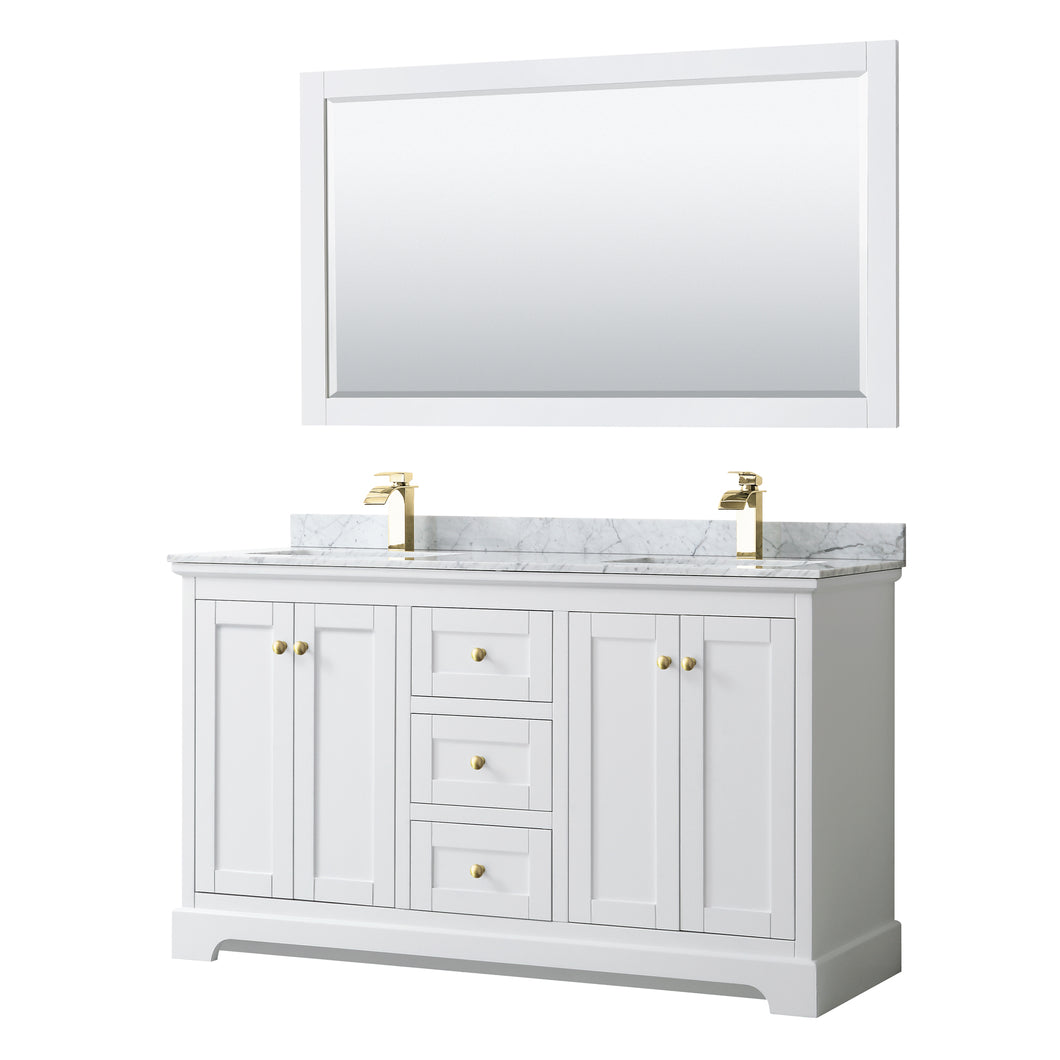 Wyndham Avery 60 Inch Double Bathroom Vanity in White, White Carrara Marble Countertop, Undermount Square Sinks, 58 Inch Mirror, Brushed Gold Trim- Wyndham
