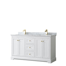 Load image into Gallery viewer, Wyndham Avery 60 Inch Double Bathroom Vanity in White, White Carrara Marble Countertop, Undermount Square Sinks, Brushed Gold Trim- Wyndham