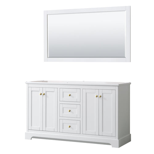 Wyndham Avery 60 Inch Double Bathroom Vanity in White, No Countertop, No Sinks, 58 Inch Mirror, Brushed Gold Trim- Wyndham
