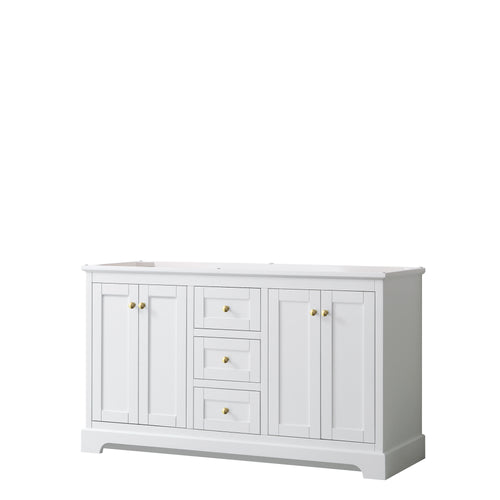 Wyndham Avery 60 Inch Double Bathroom Vanity in White, No Countertop, No Sinks, Brushed Gold Trim- Wyndham