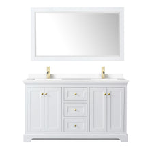 Load image into Gallery viewer, Wyndham Avery 60 Inch Double Bathroom Vanity in White, White Cultured Marble Countertop, Undermount Square Sinks, 58 Inch Mirror, Brushed Gold Trim- Wyndham