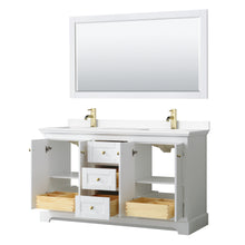 Load image into Gallery viewer, Wyndham Avery 60 Inch Double Bathroom Vanity in White, White Cultured Marble Countertop, Undermount Square Sinks, 58 Inch Mirror, Brushed Gold Trim- Wyndham