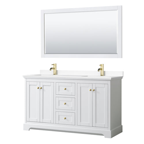 Wyndham Avery 60 Inch Double Bathroom Vanity in White, White Cultured Marble Countertop, Undermount Square Sinks, 58 Inch Mirror, Brushed Gold Trim- Wyndham
