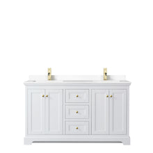Load image into Gallery viewer, Wyndham Avery 60 Inch Double Bathroom Vanity in White, White Cultured Marble Countertop, Undermount Square Sinks, Brushed Gold Trim- Wyndham