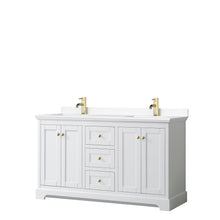 Load image into Gallery viewer, Wyndham Avery 60 Inch Double Bathroom Vanity in White, White Cultured Marble Countertop, Undermount Square Sinks, Brushed Gold Trim- Wyndham