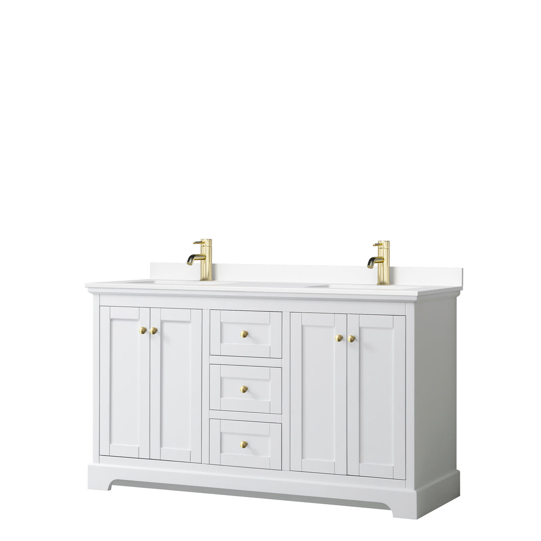 Wyndham Avery 60 Inch Double Bathroom Vanity in White, White Cultured Marble Countertop, Undermount Square Sinks, Brushed Gold Trim- Wyndham