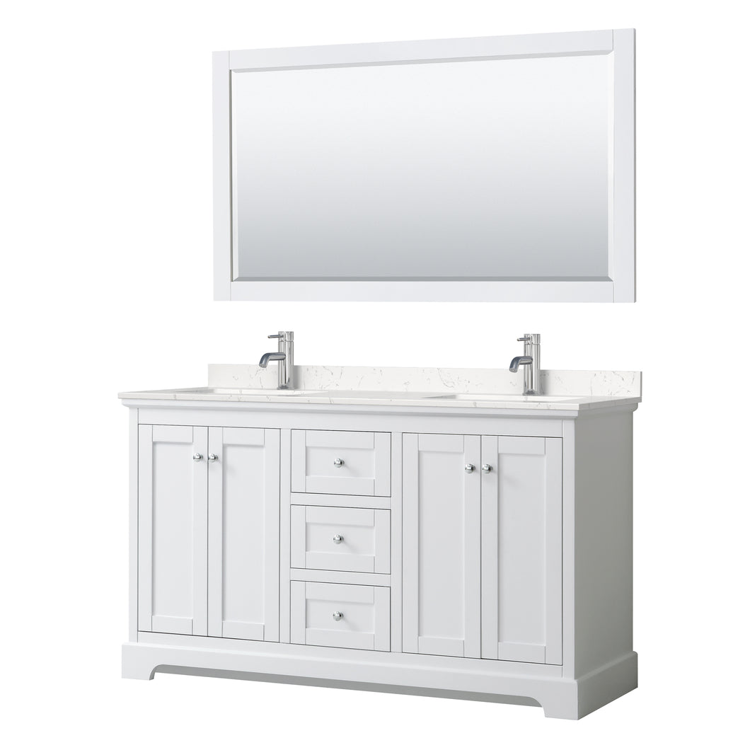 Wyndham Avery 60 Inch Double Bathroom Vanity in White, Light-Vein Carrara Cultured Marble Countertop, Undermount Square Sinks, 58 Inch Mirror- Wyndham