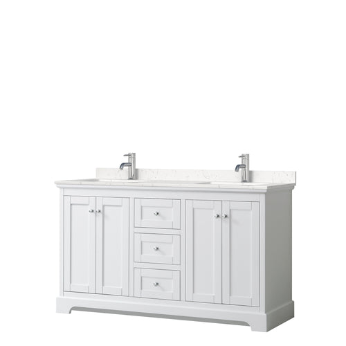 Wyndham Avery 60 Inch Double Bathroom Vanity in White, Light-Vein Carrara Cultured Marble Countertop, Undermount Square Sinks, No Mirror- Wyndham