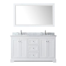 Load image into Gallery viewer, Wyndham Avery 60 Inch Double Bathroom Vanity in White, White Carrara Marble Countertop, Undermount Oval Sinks, and 58 Inch Mirror- Wyndham