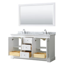 Load image into Gallery viewer, Wyndham Avery 60 Inch Double Bathroom Vanity in White, White Carrara Marble Countertop, Undermount Oval Sinks, and 58 Inch Mirror- Wyndham