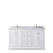 Load image into Gallery viewer, Wyndham Avery 60 Inch Double Bathroom Vanity in White, White Carrara Marble Countertop, Undermount Oval Sinks, and No Mirror- Wyndham