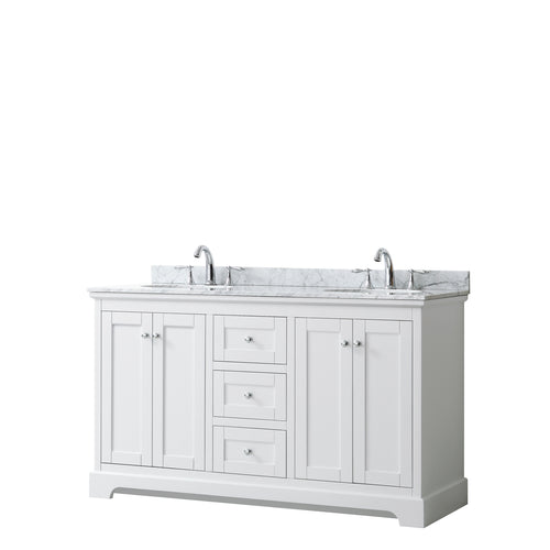 Wyndham Avery 60 Inch Double Bathroom Vanity in White, White Carrara Marble Countertop, Undermount Oval Sinks, and No Mirror- Wyndham