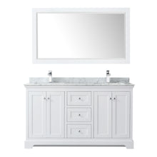 Load image into Gallery viewer, Wyndham Avery 60 Inch Double Bathroom Vanity in White, White Carrara Marble Countertop, Undermount Square Sinks, and 58 Inch Mirror- Wyndham