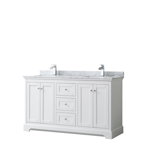 Wyndham Avery 60 Inch Double Bathroom Vanity in White, White Carrara Marble Countertop, Undermount Square Sinks, and No Mirror- Wyndham