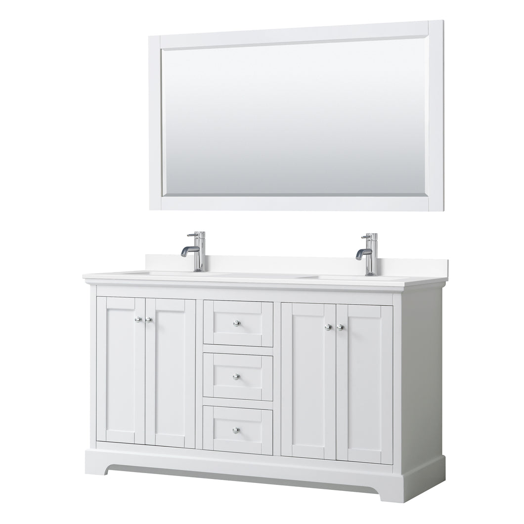 Wyndham Avery 60 Inch Double Bathroom Vanity in White, White Cultured Marble Countertop, Undermount Square Sinks, 58 Inch Mirror- Wyndham