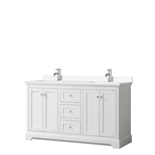 Wyndham Avery 60 Inch Double Bathroom Vanity in White, White Cultured Marble Countertop, Undermount Square Sinks, No Mirror- Wyndham