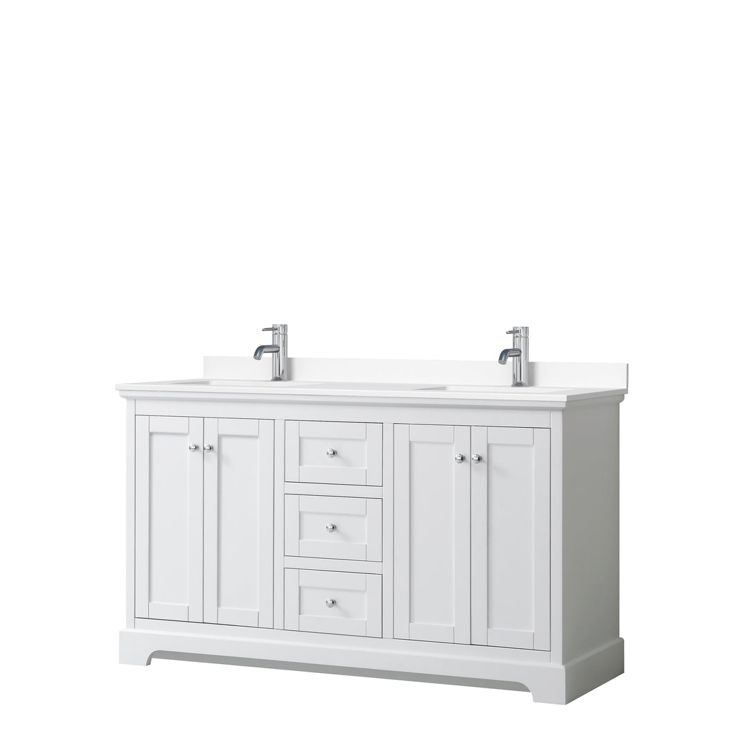Wyndham Avery 60 Inch Double Bathroom Vanity in White, White Cultured Marble Countertop, Undermount Square Sinks, No Mirror- Wyndham