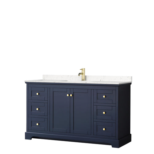 Wyndham Avery 60 Inch Single Bathroom Vanity in Dark Blue, Light-Vein Carrara Cultured Marble Countertop, Undermount Square Sink, No Mirror- Wyndham