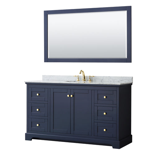 Wyndham Avery 60 Inch Single Bathroom Vanity in Dark Blue, White Carrara Marble Countertop, Undermount Oval Sink, and 58 Inch Mirror- Wyndham