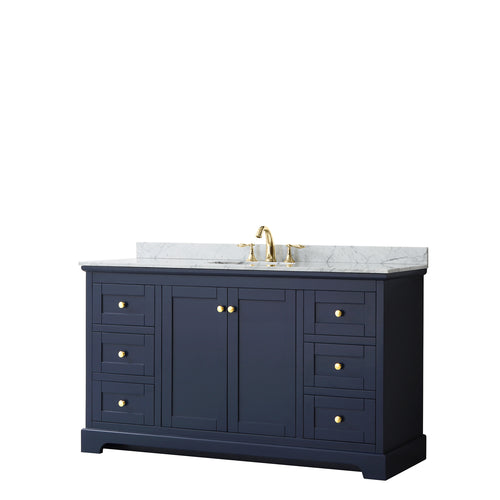 Wyndham Avery 60 Inch Single Bathroom Vanity in Dark Blue, White Carrara Marble Countertop, Undermount Oval Sink, and No Mirror- Wyndham