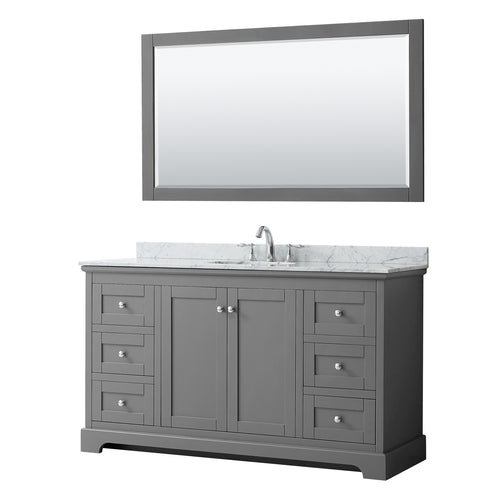 Wyndham Avery 60 Inch Single Bathroom Vanity in Dark Gray, White Carrara Marble Countertop, Undermount Oval Sink, and 58 Inch Mirror- Wyndham