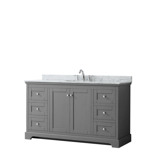 Wyndham Avery 60 Inch Single Bathroom Vanity in Dark Gray, White Carrara Marble Countertop, Undermount Oval Sink, and No Mirror- Wyndham
