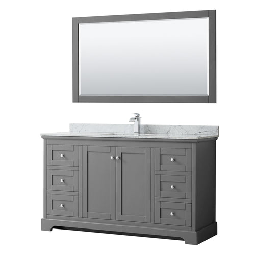 Wyndham Avery 60 Inch Single Bathroom Vanity in Dark Gray, White Carrara Marble Countertop, Undermount Square Sink, and 58 Inch Mirror- Wyndham