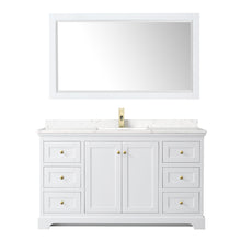 Load image into Gallery viewer, Wyndham Avery 60 Inch Single Bathroom Vanity in White, Light-Vein Carrara Cultured Marble Countertop, Undermount Square Sink, 58 Inch Mirror, Brushed Gold Trim- Wyndham